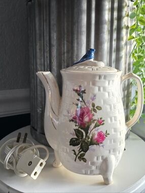 Vintage White Floral Ceramic Teapot with Blue Bird Lid
